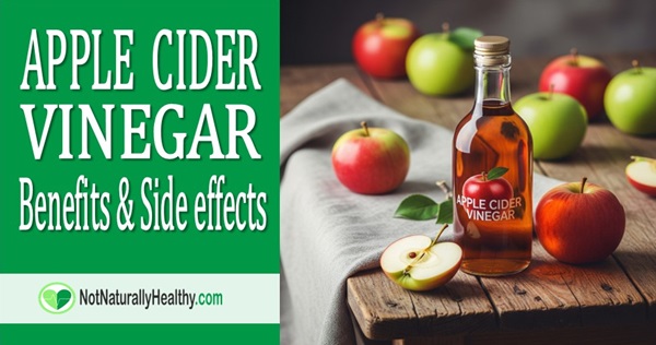Glass bottle of apple cider vinegar surrounded by fresh apples – Benefits and side effects.