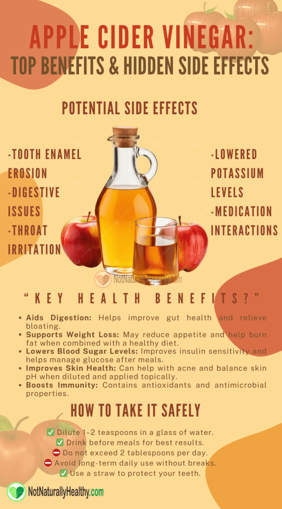 Infographic showing apple cider vinegar benefits and side effects